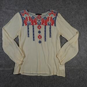 THML Top Womens Extra Small Embroidered Western Aztec Boho Balloon Sleeve Ivory‎